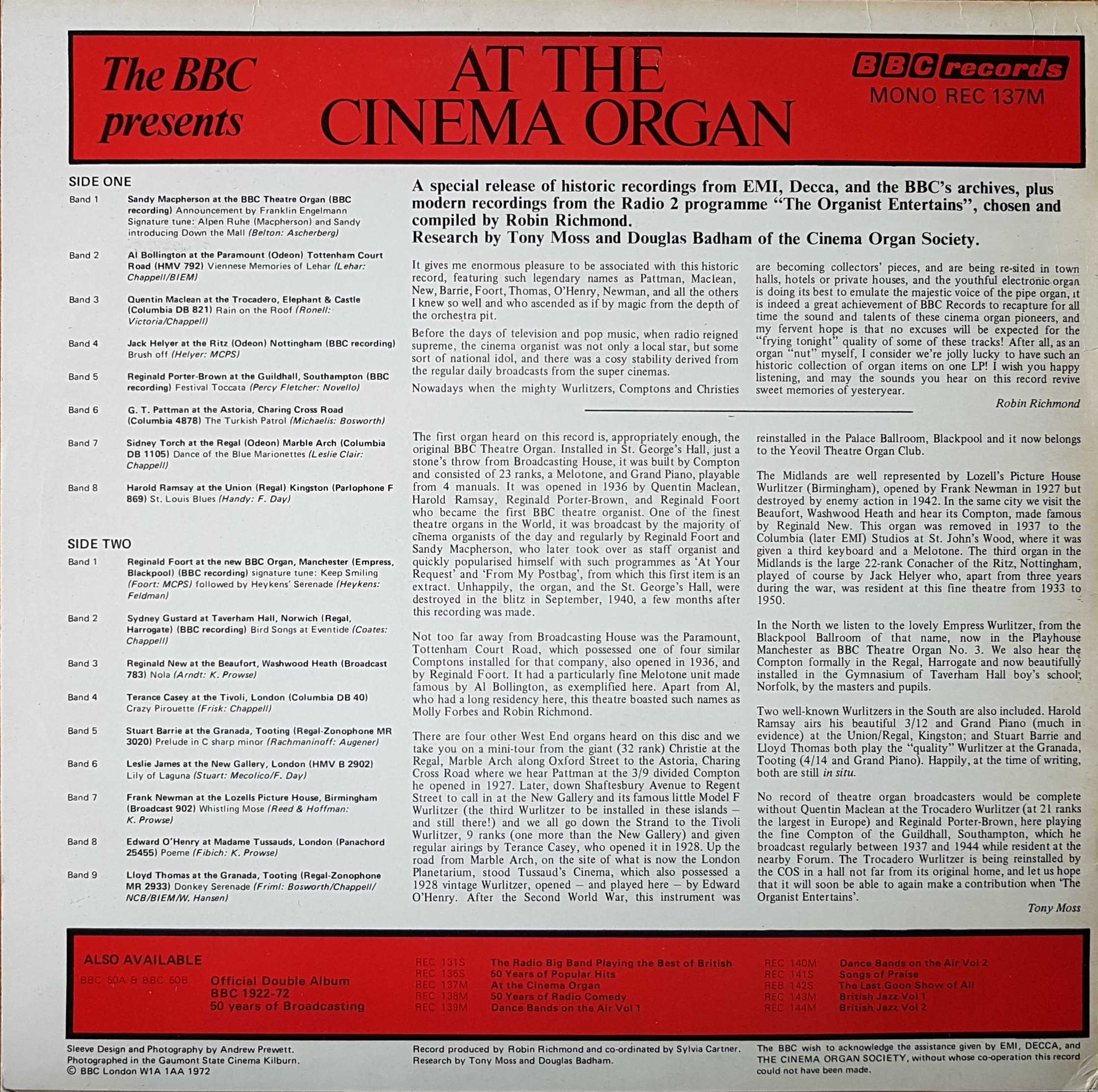 Picture of REC 137 At the cinema organ by artist Various from the BBC records and Tapes library